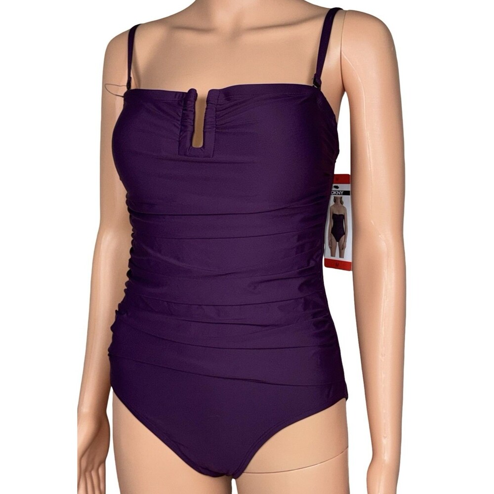 DKNY Womens Medium Swimsuit Bikini One Piece Purple Ruched Beach Pool New